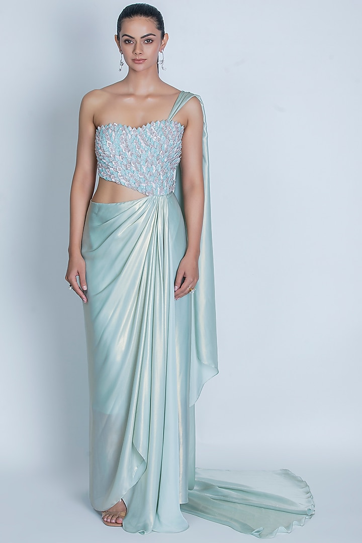 Sea Green Shimmer Hand Embroidered One-Shoulder Draped Gown Saree by ORU PRET