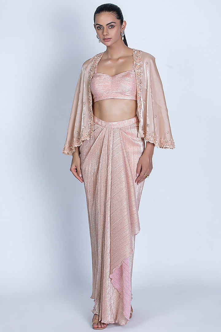 Light Peach Pleated Foil Knitted Draped Dhoti Skirt Set by ORU PRET