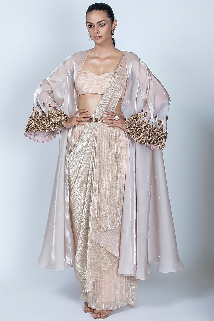 Baby Pink Pleated Foil Knitted Sequins Embroidered Jacket Draped Saree Set by ORU PRET at Pernia's Pop Up Shop