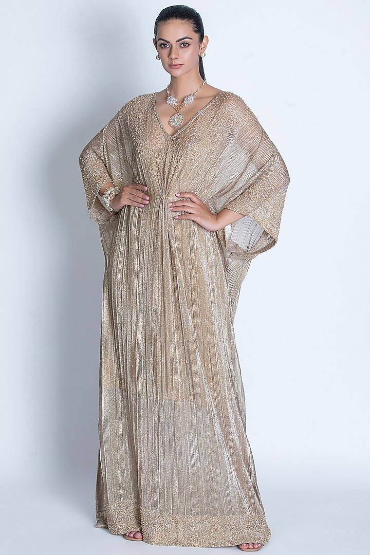 Champagne Gold Pleated Foil Knitted Crystal Hand Embroidered Kaftan by ORU PRET