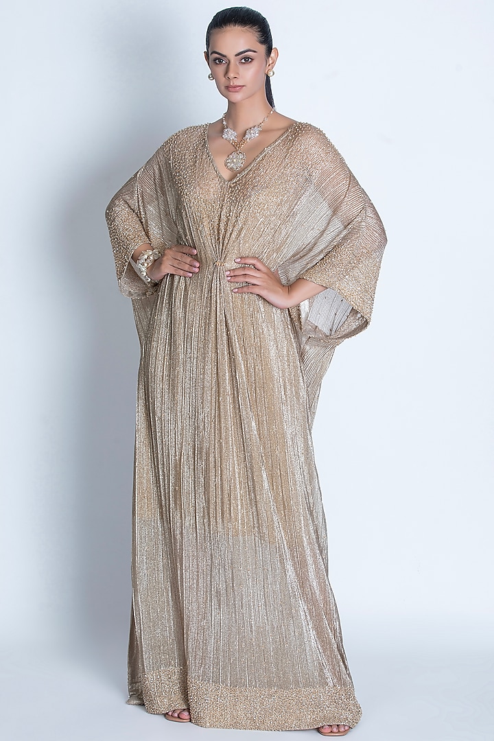 Champagne Gold Pleated Foil Knitted Crystal Hand Embroidered Kaftan by ORU PRET at Pernia's Pop Up Shop