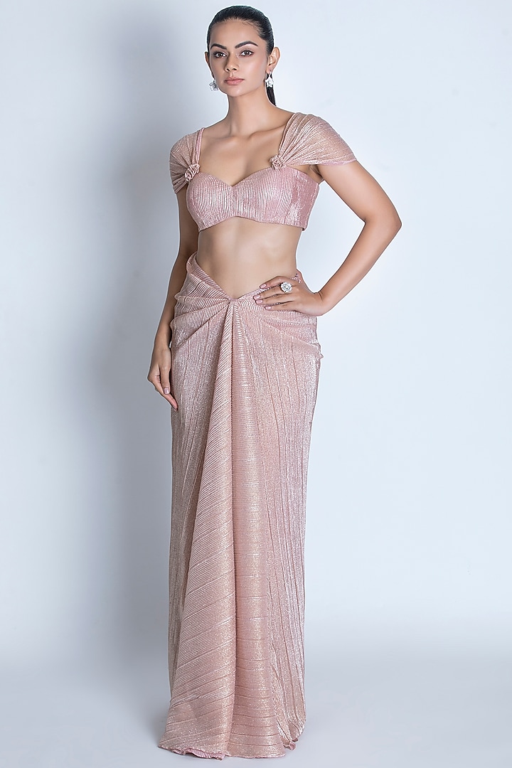 Oyster Pink Pleated Foil Knitted Draped Skirt Set by ORU PRET