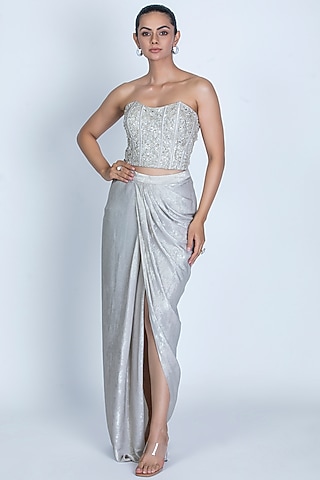 Silver Grey Foiled Crepe Crystal Embroidered Metallic Draped Skirt Set by ORU PRET