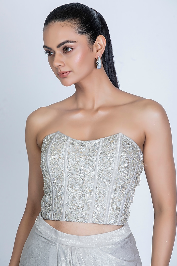 Silver Grey Foiled Crepe Crystal Embroidered Metallic Draped Skirt Set by ORU PRET at Pernia's Pop Up Shop