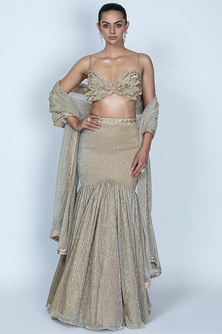 Champagne Gold Pleated Foil Knitted Fish Cut Lehenga Set by ORU PRET