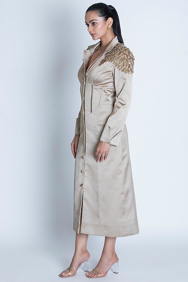 Champagne Gold Satin Leaf Motif Embroidered Corset Style Trench Coat by ORU PRET