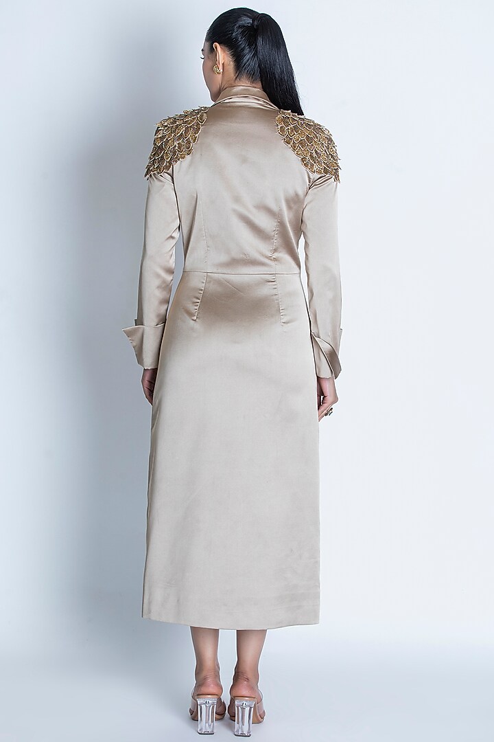 Champagne Gold Satin Leaf Motif Embroidered Corset Style Trench Coat by ORU PRET at Pernia's Pop Up Shop