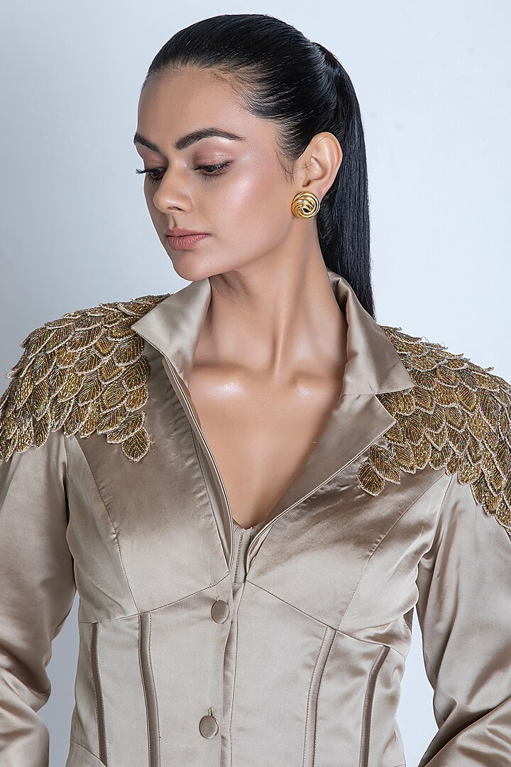 Champagne Gold Satin Leaf Motif Embroidered Corset Style Trench Coat by ORU PRET at Pernia's Pop Up Shop