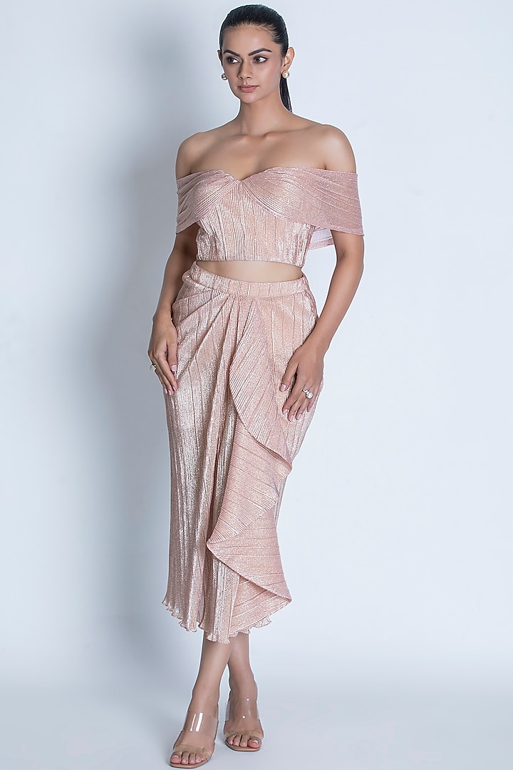Oyster Pink Pleated Foil Knitted Ruffled Skirt Set by ORU PRET