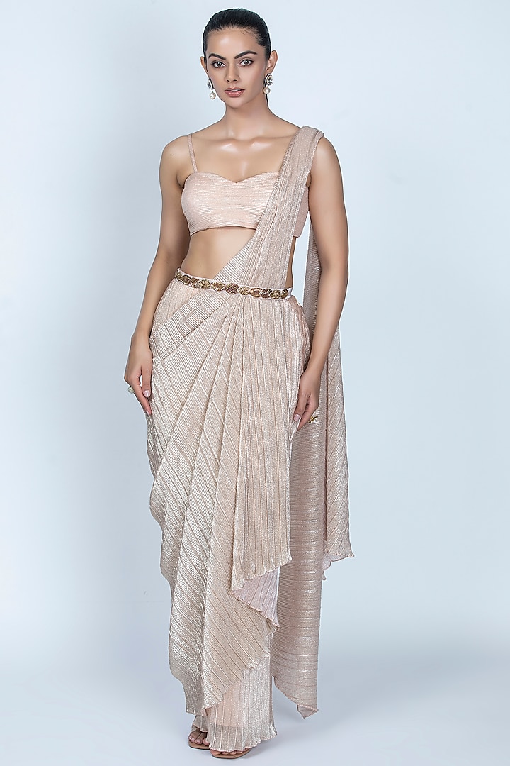 Peach Pleated Foil Knitted Pre-Stitched Draped Saree Set by ORU PRET