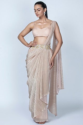 Peach Pleated Foil Knitted Pre-Stitched Draped Saree Set by ORU PRET