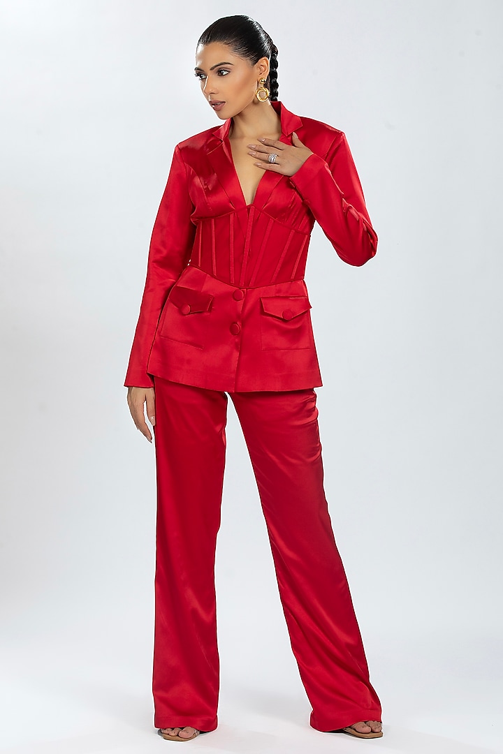 Red Satin Blazer Set by ORU PRET at Pernia's Pop Up Shop