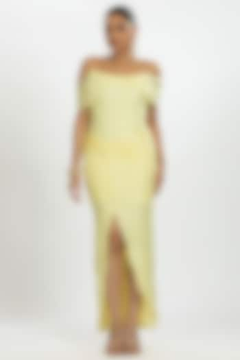 Light Yellow Bamboo Silk Draped Corset Gown by ORU PRET at Pernia's Pop Up Shop