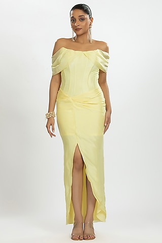 Light Yellow Bamboo Silk Draped Corset Gown by ORU PRET