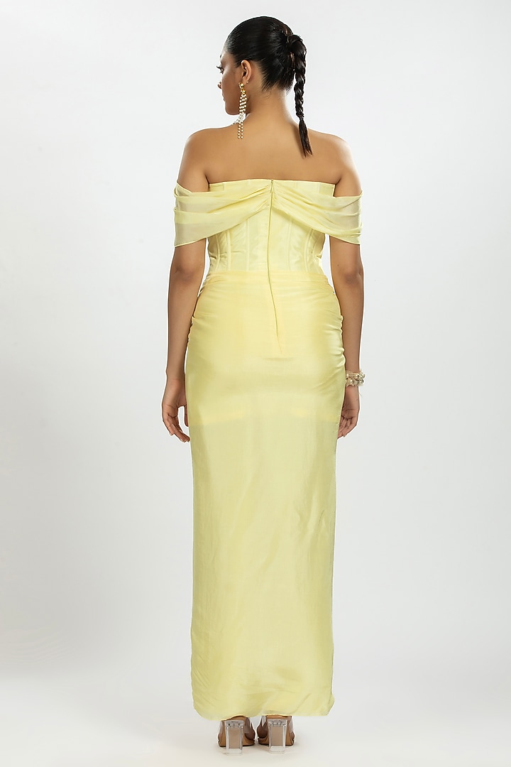 Light Yellow Bamboo Silk Draped Corset Engagement Gown by ORU PRET at Pernia's Pop Up Shop