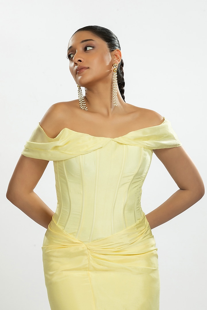 Light Yellow Bamboo Silk Draped Corset Engagement Gown by ORU PRET at Pernia's Pop Up Shop