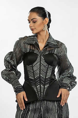 Black Satin & Pleated Organza Corset  by ORU PRET