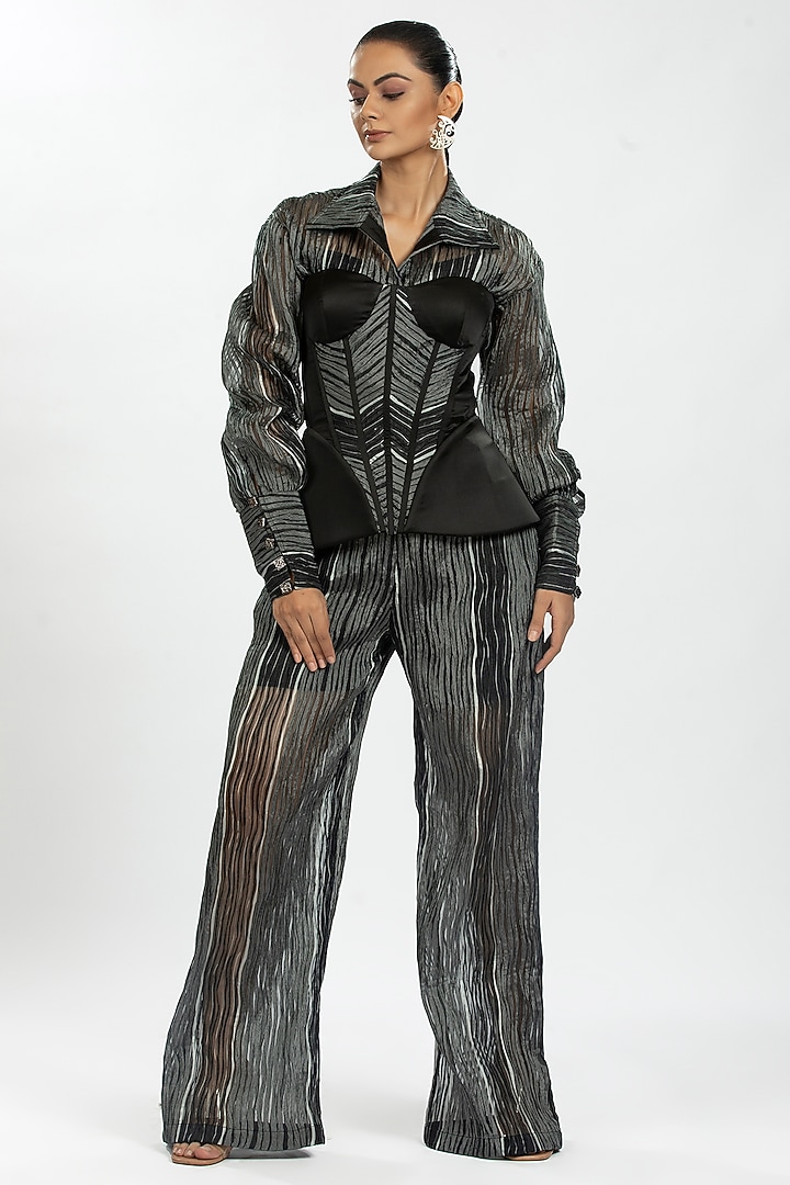 Black Satin & Pleated Organza Corset  by ORU PRET at Pernia's Pop Up Shop