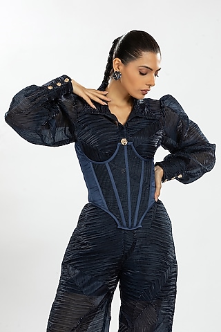Blue Satin & Pleated Organza Corset Top by ORU PRET