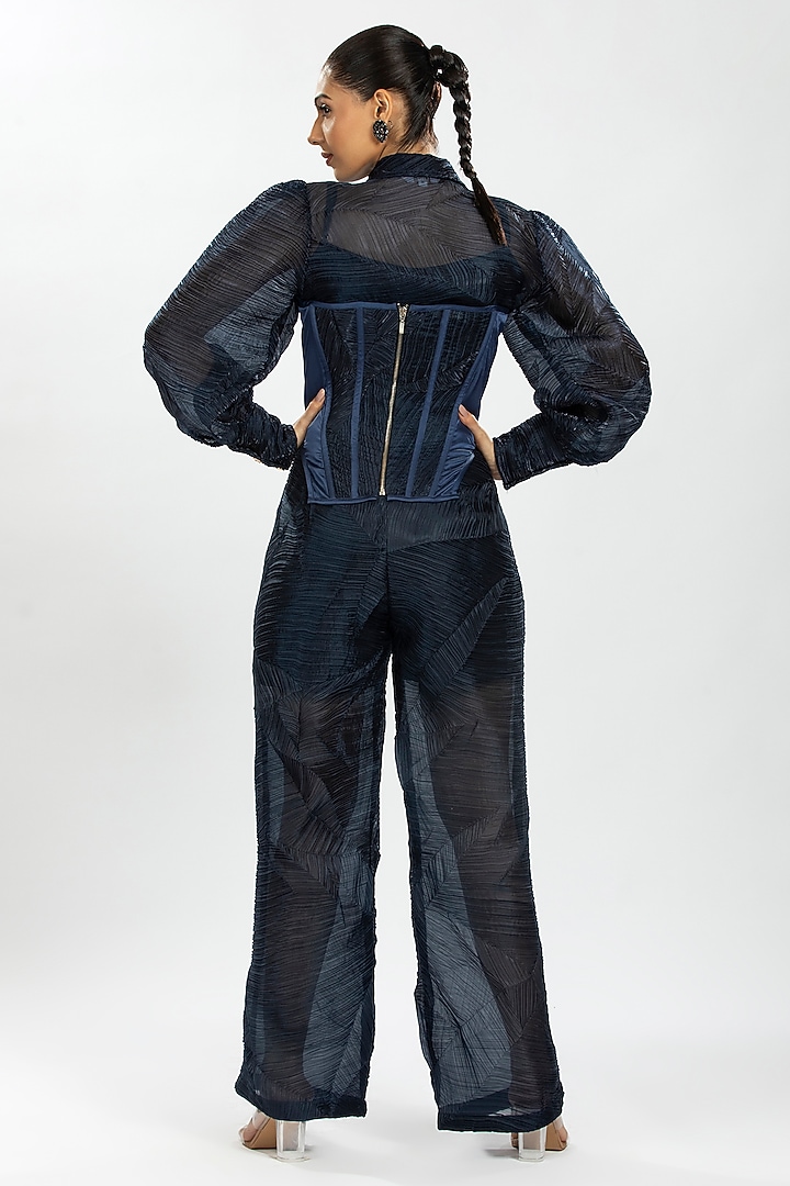 Blue Satin & Pleated Organza Corset Top by ORU PRET at Pernia's Pop Up Shop