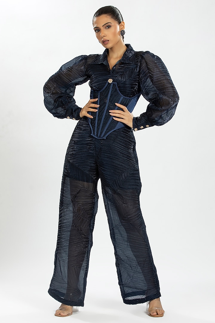 Blue Satin & Pleated Organza Corset Top by ORU PRET at Pernia's Pop Up Shop