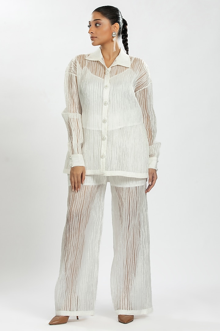 White Striped Organza Co-Ord Set by ORU PRET at Pernia's Pop Up Shop