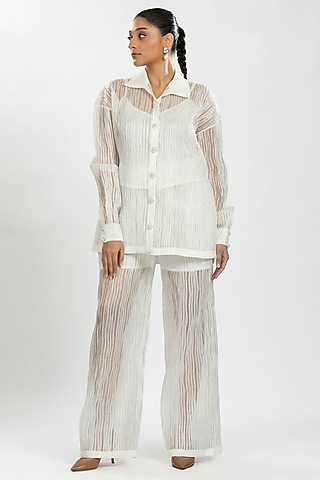 White Striped Organza Co-Ord Set by ORU PRET