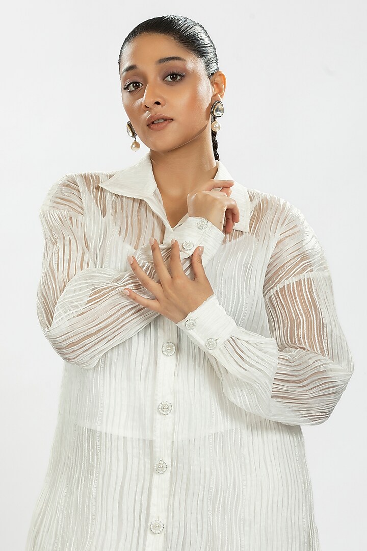 White Striped Organza Co-Ord Set by ORU PRET at Pernia's Pop Up Shop
