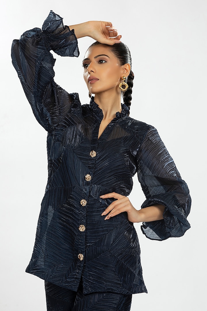 Blue Crushed Organza Shirt by ORU PRET