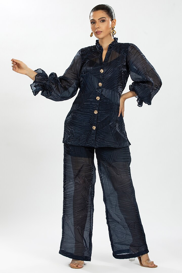 Blue Crushed Organza Shirt by ORU PRET at Pernia's Pop Up Shop