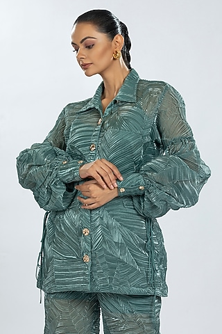 Green Crushed Organza Shirt by ORU PRET