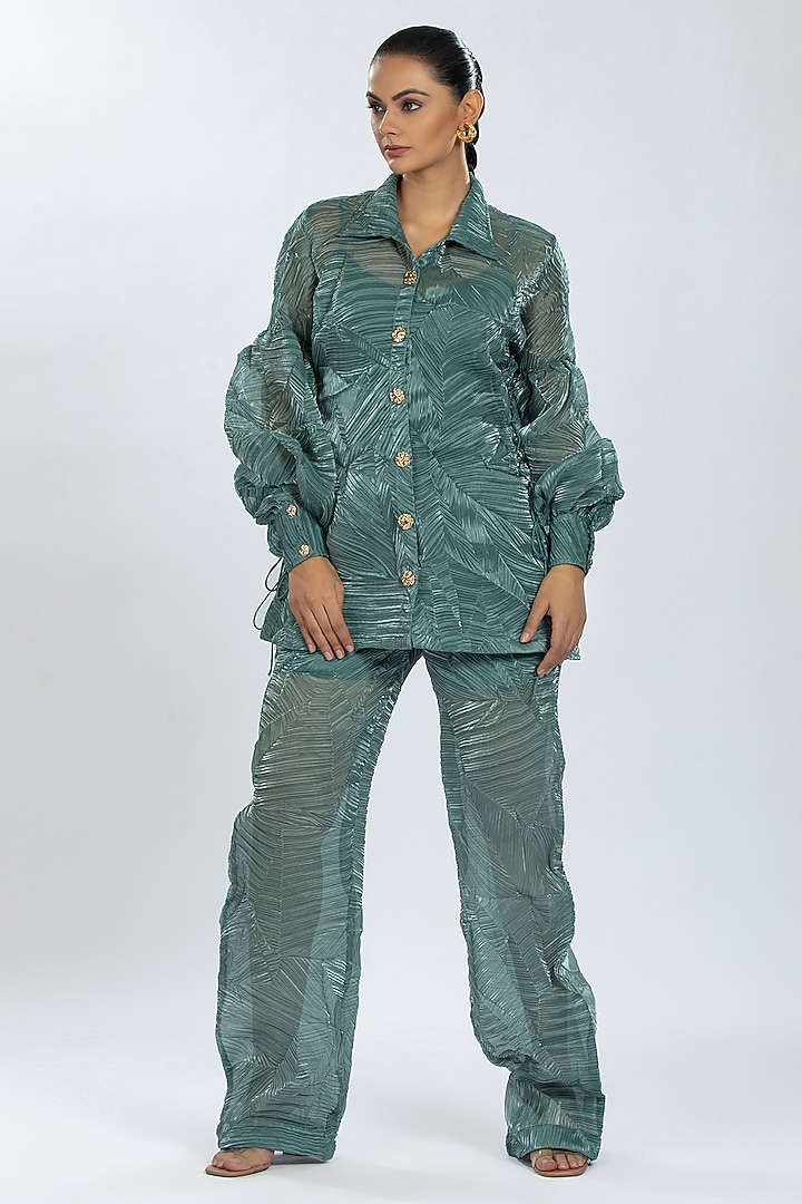 Green Crushed Organza Shirt by ORU PRET at Pernia's Pop Up Shop