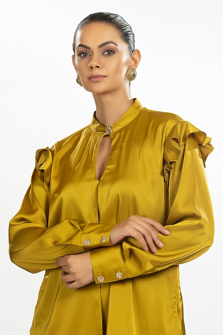 Mustard Yellow Satin Shirt by ORU PRET at Pernia's Pop Up Shop