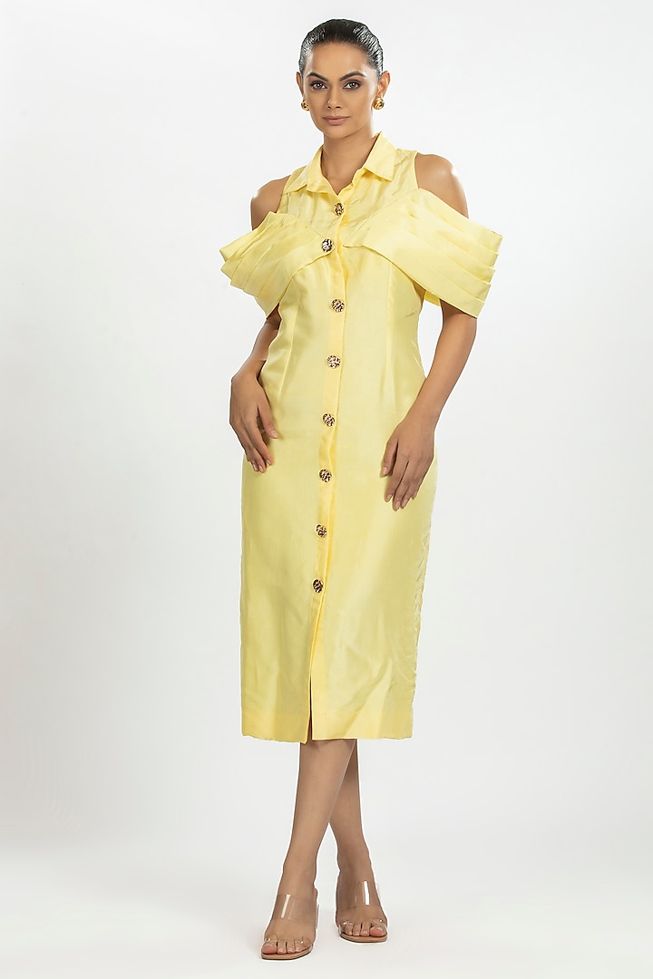 Light Yellow Bamboo Silk Midi Dress by ORU PRET at Pernia's Pop Up Shop