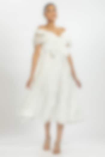 White Pleated Striped Organza Midi Dress by ORU PRET at Pernia's Pop Up Shop