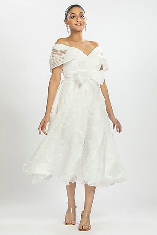White Pleated Striped Organza Midi Dress by ORU PRET