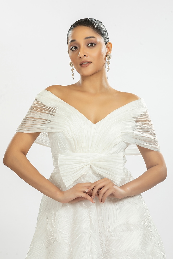 White Pleated Striped Organza Midi Vacation Dress by ORU PRET at Pernia's Pop Up Shop