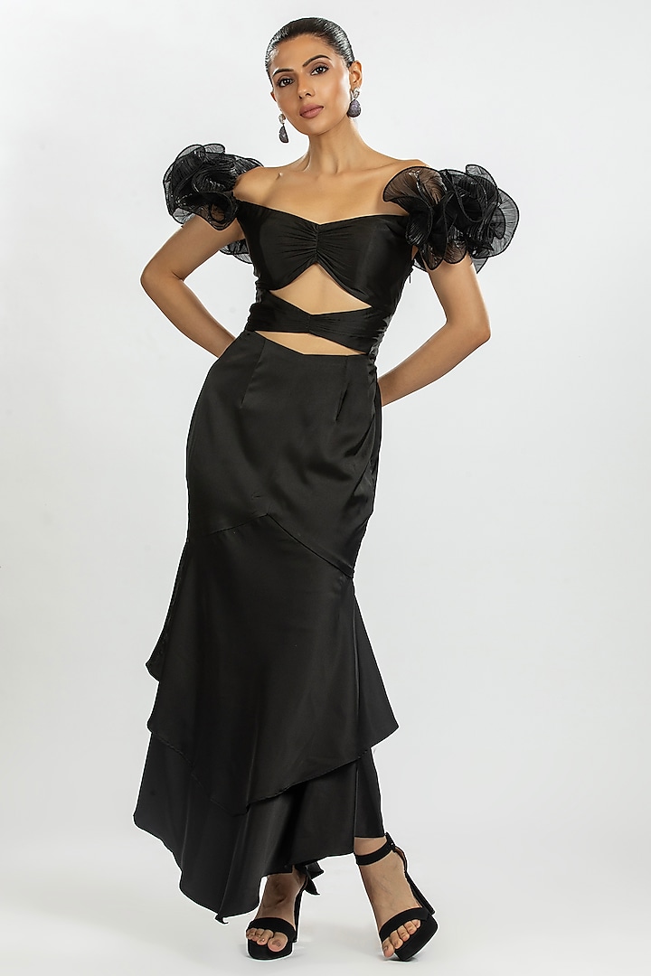 Black Satin & Pleated Organza Dress by ORU PRET