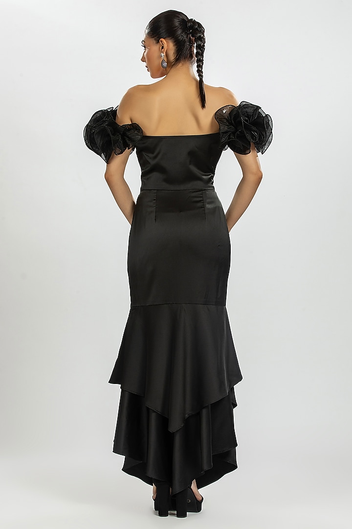 Black Satin & Pleated Organza Cocktail Dress by ORU PRET at Pernia's Pop Up Shop
