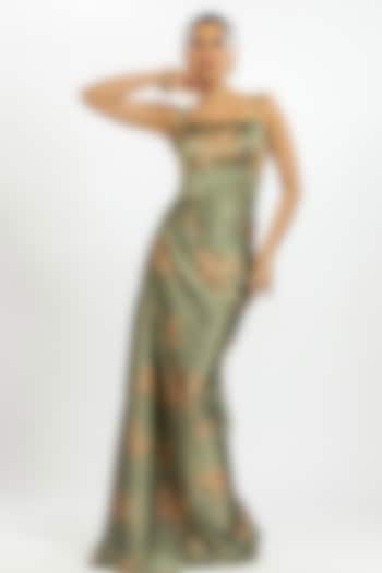 Green Satin Floral Printed Draped Maxi Dress by ORU PRET