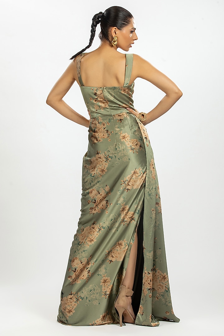 Green Satin Floral Printed Draped Maxi Vacation Dress by ORU PRET at Pernia's Pop Up Shop