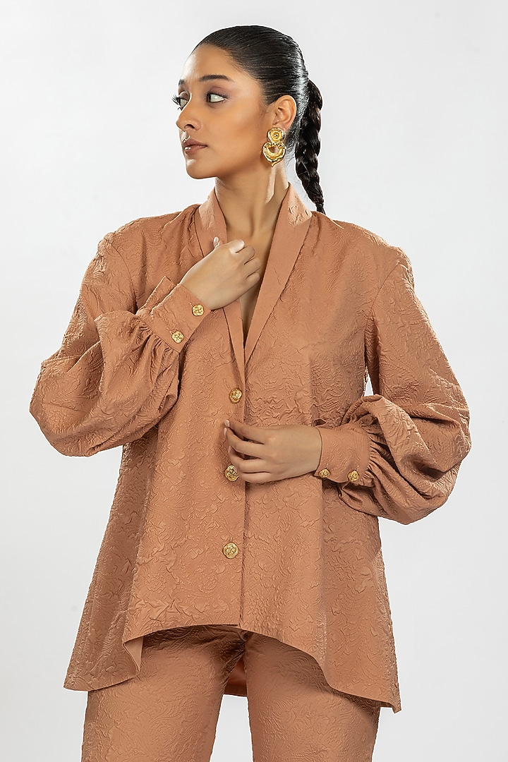 Brown Textured Fabric Co-Ord Set by ORU PRET at Pernia's Pop Up Shop