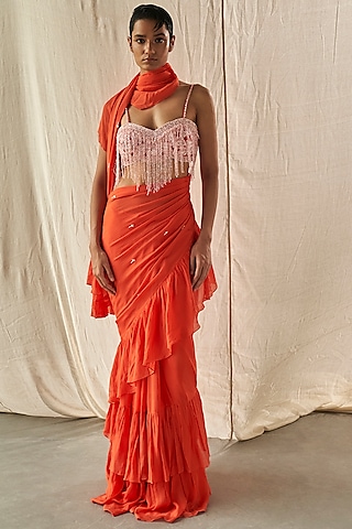 Orange Chinon Chiffon Frilled Saree Set by Kashmiraa