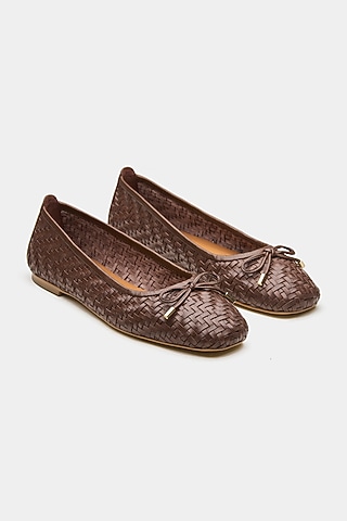 Brown Genuine Leather Hand Woven Ballerina Flats by Oroh