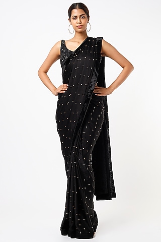 Black Satin Georgette Saree Set by Oru