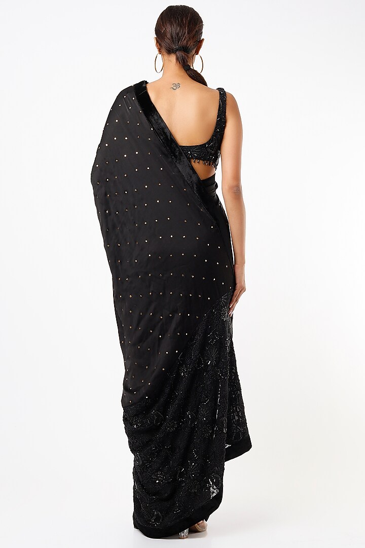 Black Satin Georgette Wedding Saree Set by Oru at Pernia's Pop Up Shop