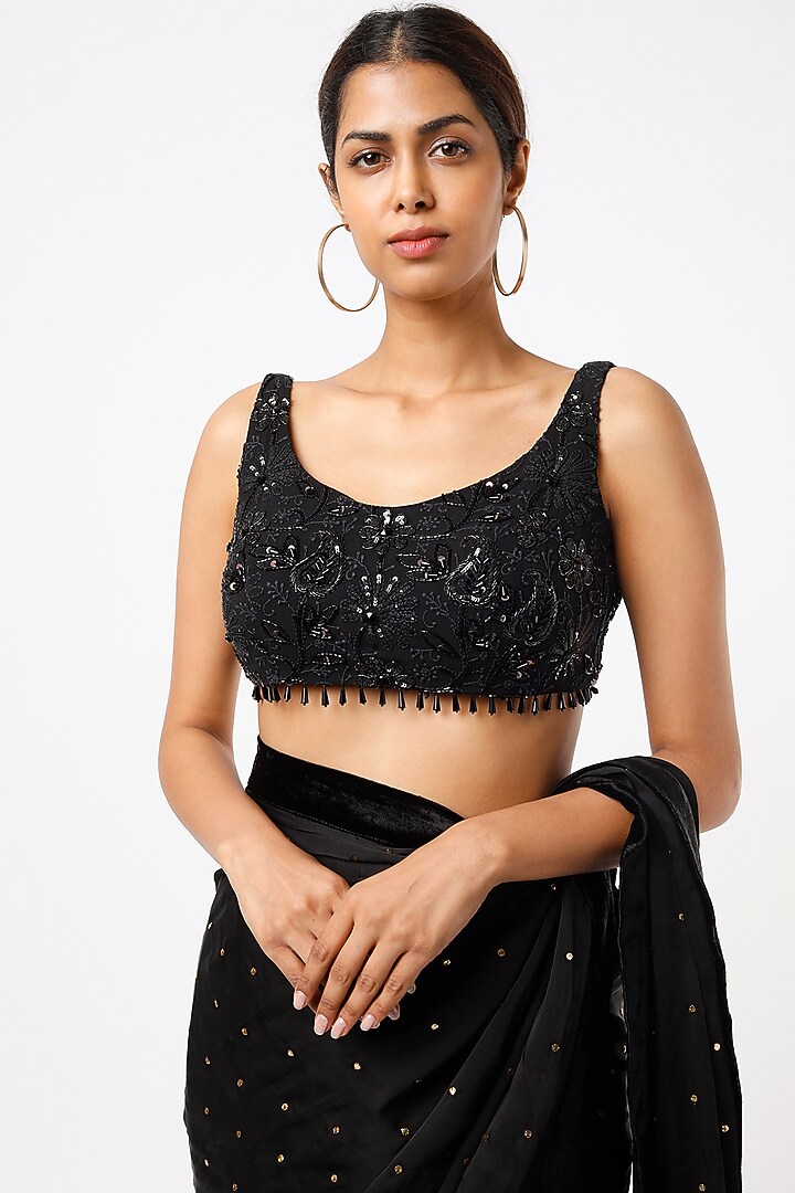 Black Satin Georgette Wedding Saree Set by Oru at Pernia's Pop Up Shop