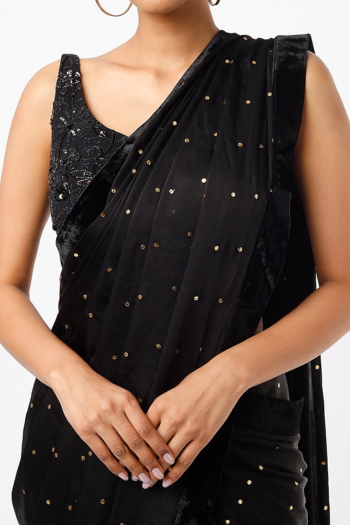 Black Satin Georgette Wedding Saree Set by Oru at Pernia's Pop Up Shop