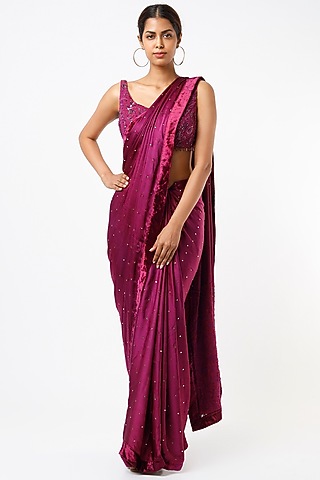 Wine Satin Georgette Mukaish Saree Set by Oru