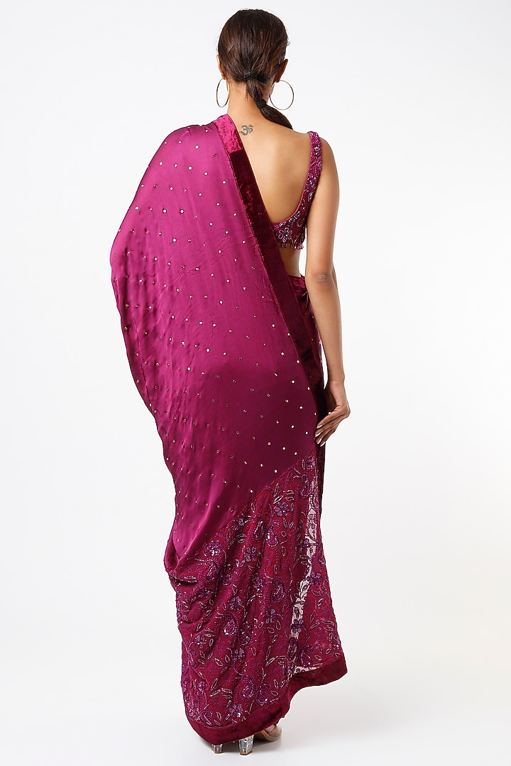 Wine Satin Georgette Mukaish Wedding Saree Set by Oru at Pernia's Pop Up Shop